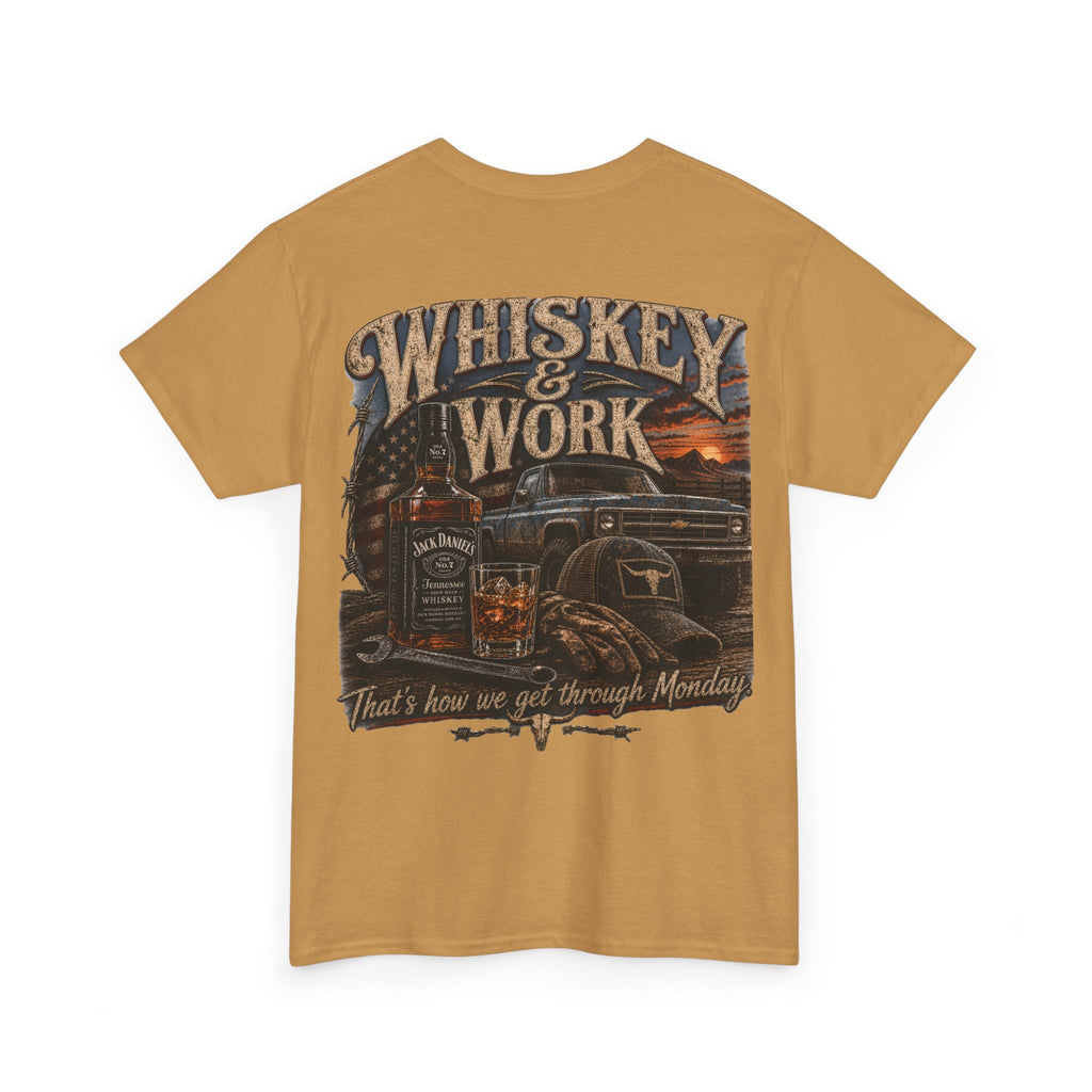 Whiskey & Work Graphic Tee — 'That's How We Get Through Monday' Vintage Truck Bar Shirt