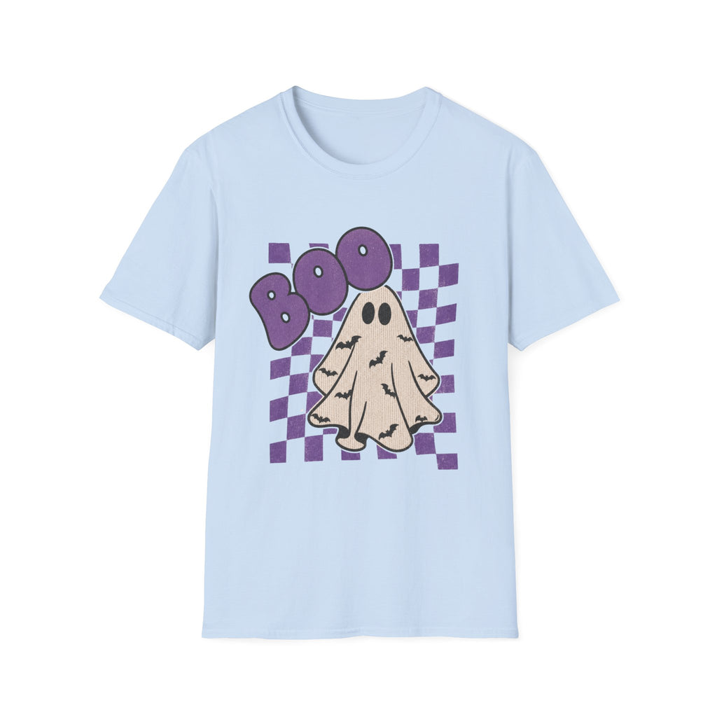 Halloween Ghost 'Boo' T-Shirt — Retro Checkered Purple Graphic Tee