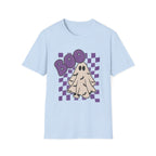 Halloween Ghost 'Boo' T-Shirt — Retro Checkered Purple Graphic Tee