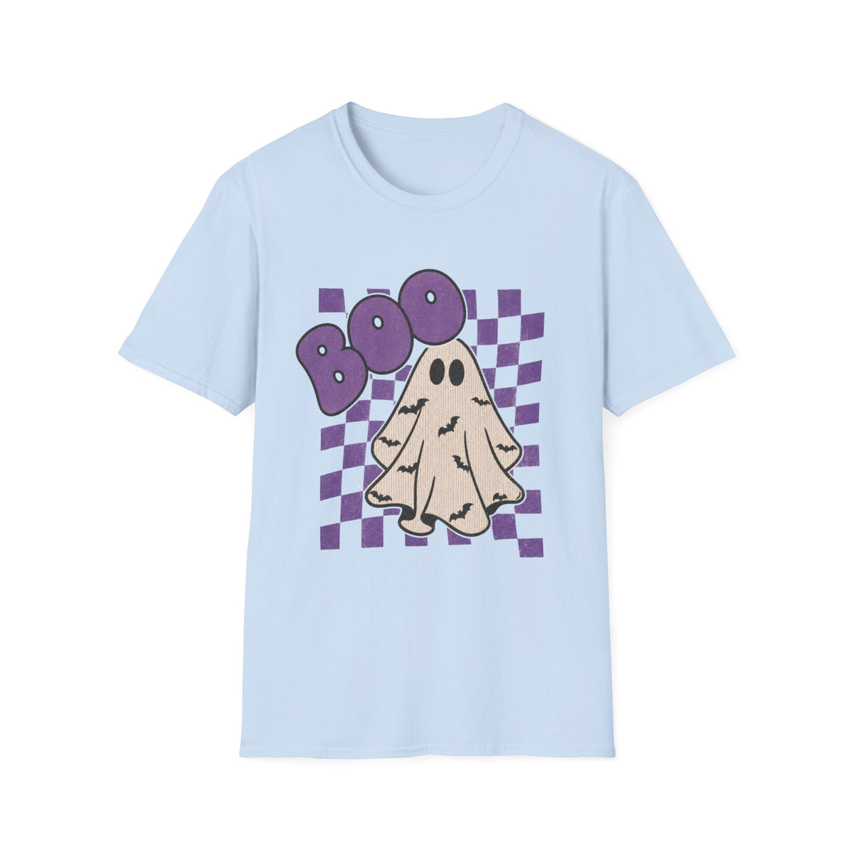 Halloween Ghost 'Boo' T-Shirt — Retro Checkered Purple Graphic Tee