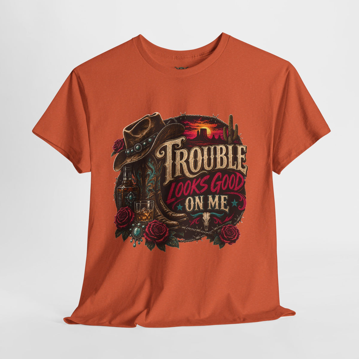 Trouble Looks Good On Me Tee - Western Cowgirl Skull Graphic T-Shirt