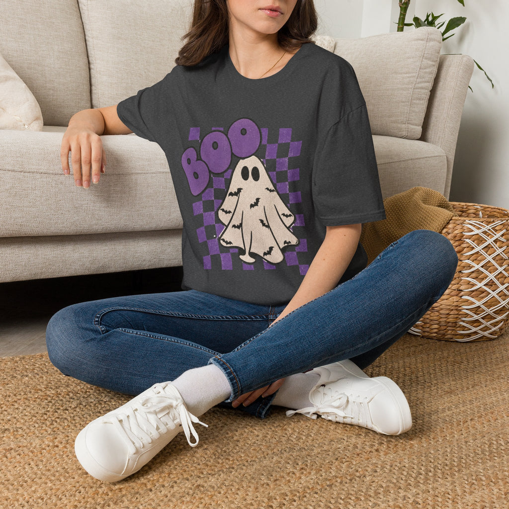 Halloween Ghost 'Boo' T-Shirt — Retro Checkered Purple Graphic Tee
