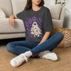 Halloween Ghost 'Boo' T-Shirt — Retro Checkered Purple Graphic Tee