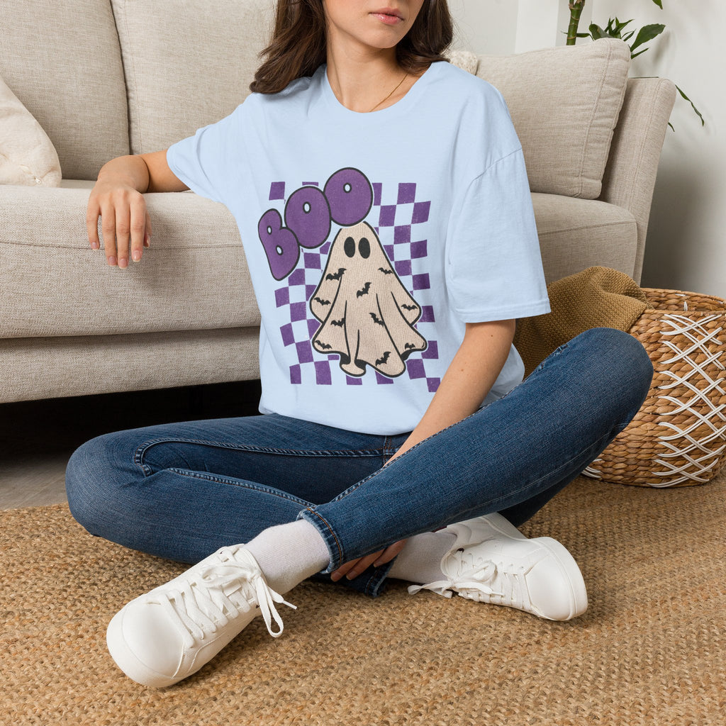 Halloween Ghost 'Boo' T-Shirt — Retro Checkered Purple Graphic Tee