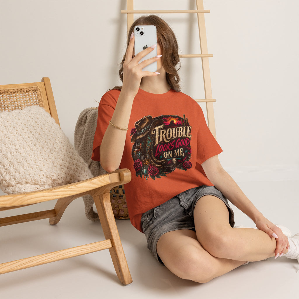 Trouble Looks Good On Me Tee - Western Cowgirl Skull Graphic T-Shirt