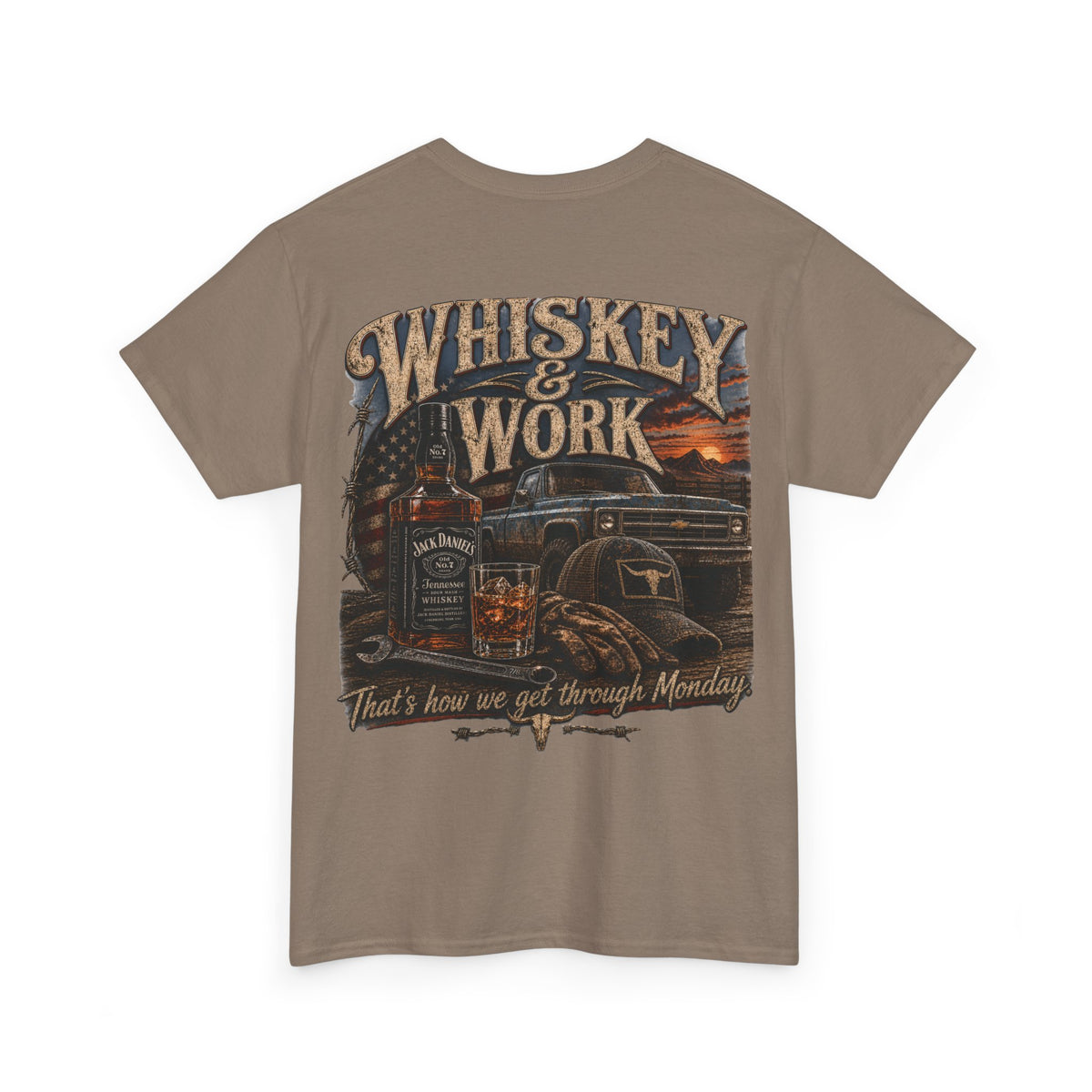 Whiskey & Work Graphic Tee — 'That's How We Get Through Monday' Vintage Truck Bar Shirt