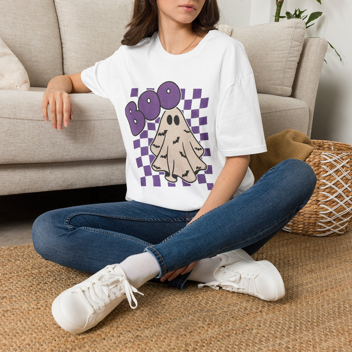Halloween Ghost 'Boo' T-Shirt — Retro Checkered Purple Graphic Tee