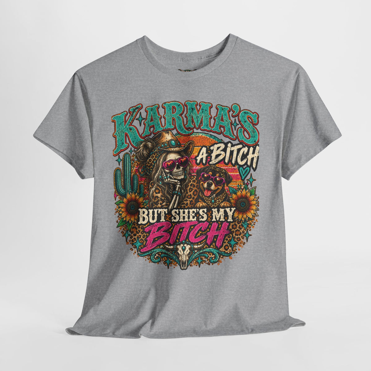 Karma’s a Bitch Skull Tee — 'What Goes Around Comes Around' Western Sunflower Tee