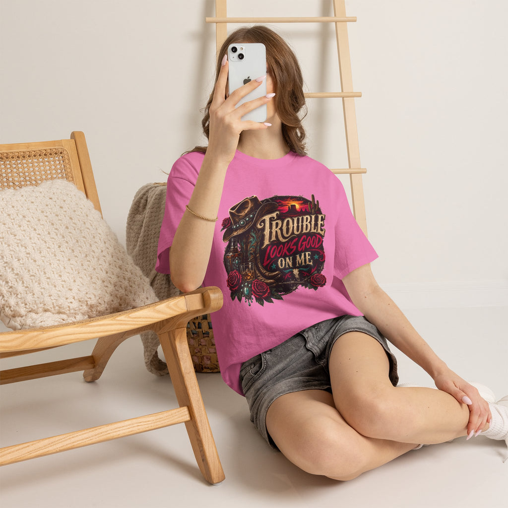 Trouble Looks Good On Me Tee - Western Cowgirl Skull Graphic T-Shirt