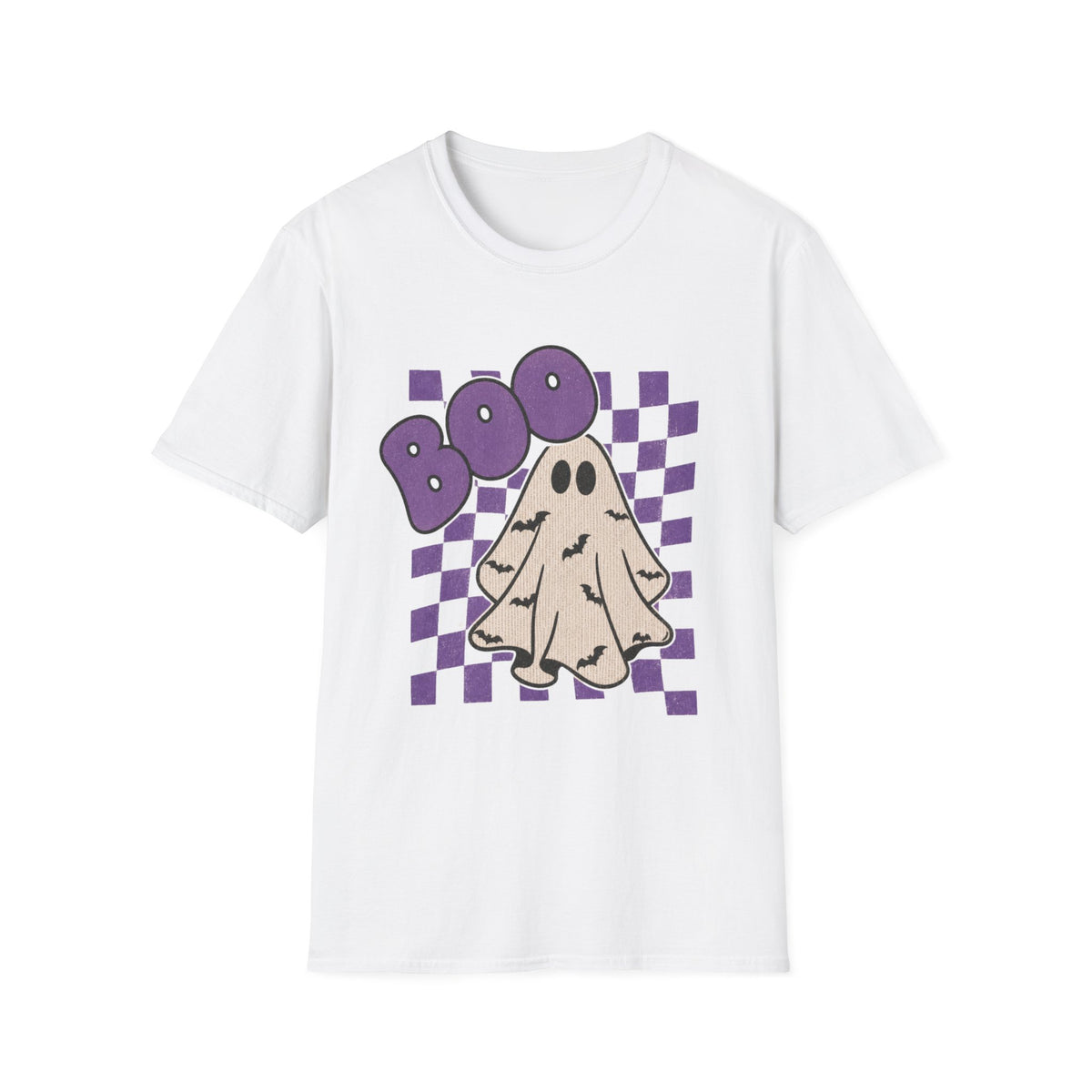 Halloween Ghost 'Boo' T-Shirt — Retro Checkered Purple Graphic Tee
