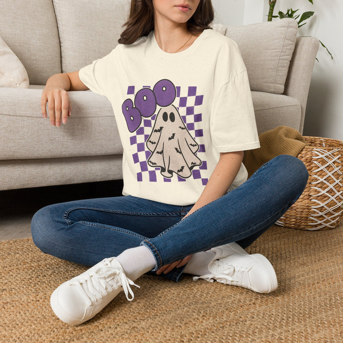 Halloween Ghost 'Boo' T-Shirt — Retro Checkered Purple Graphic Tee