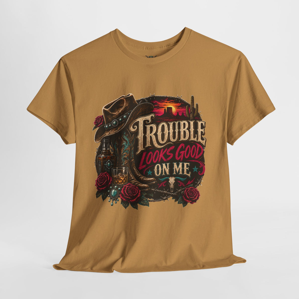 Trouble Looks Good On Me Tee - Western Cowgirl Skull Graphic T-Shirt