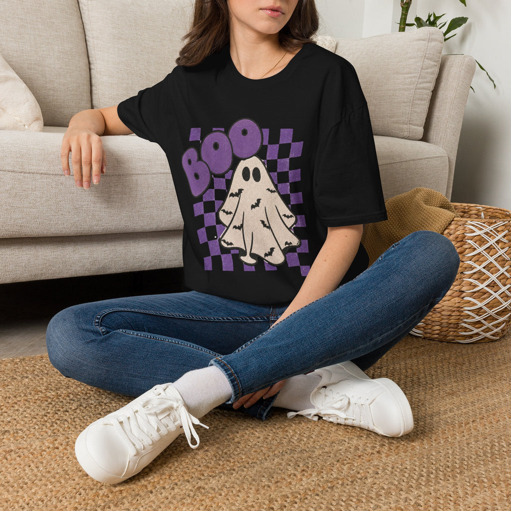 Halloween Ghost 'Boo' T-Shirt — Retro Checkered Purple Graphic Tee