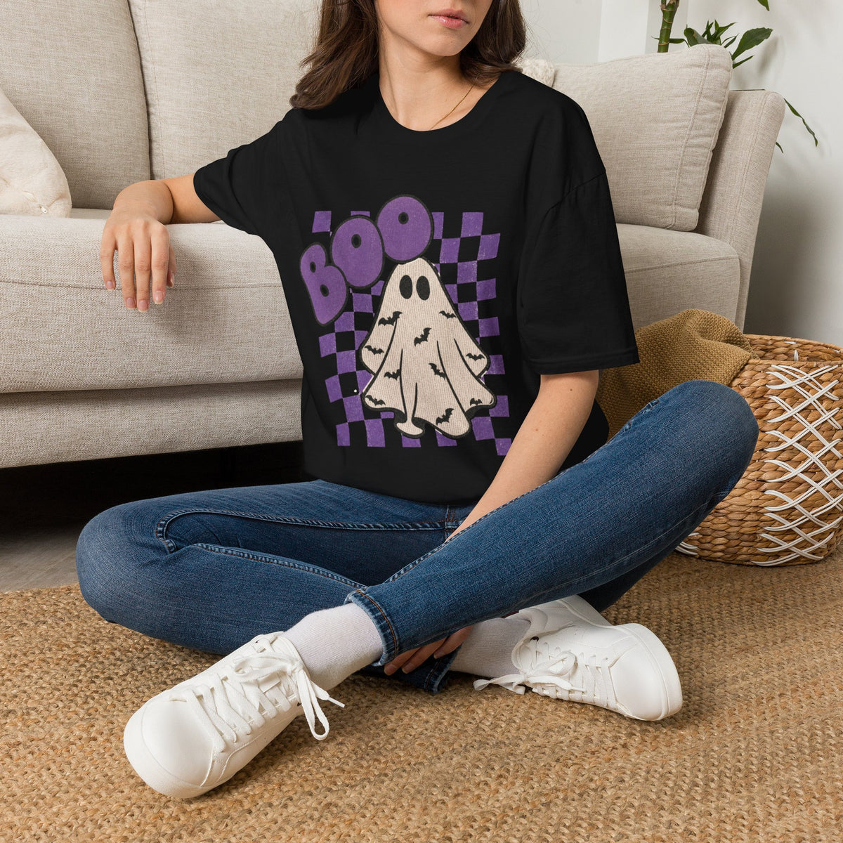 Halloween Ghost 'Boo' T-Shirt — Retro Checkered Purple Graphic Tee
