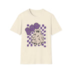 Halloween Ghost 'Boo' T-Shirt — Retro Checkered Purple Graphic Tee