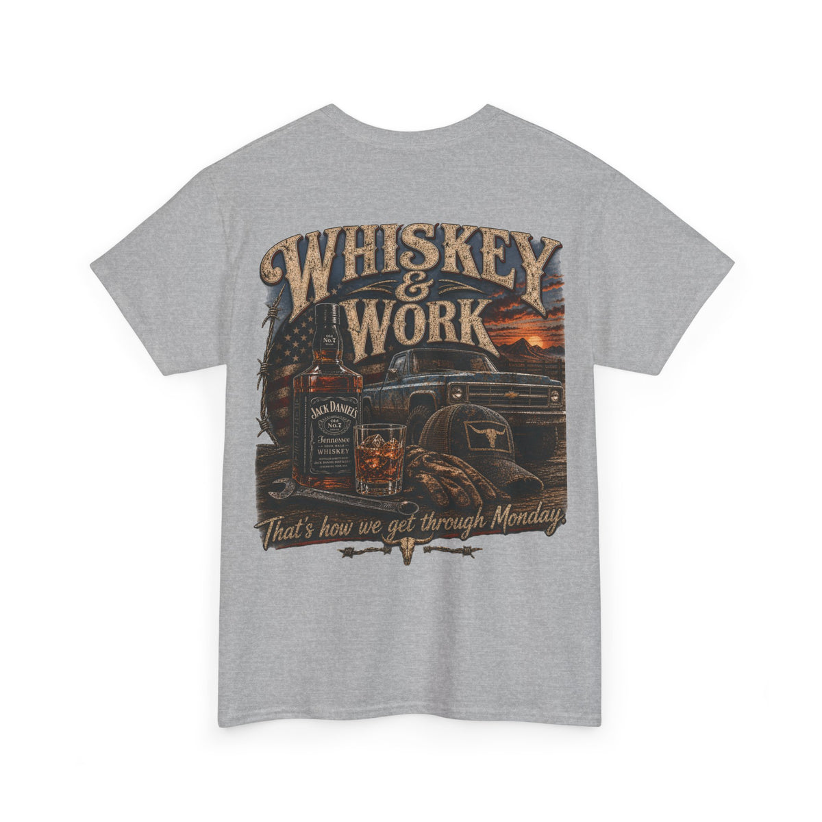 Whiskey & Work Graphic Tee — 'That's How We Get Through Monday' Vintage Truck Bar Shirt