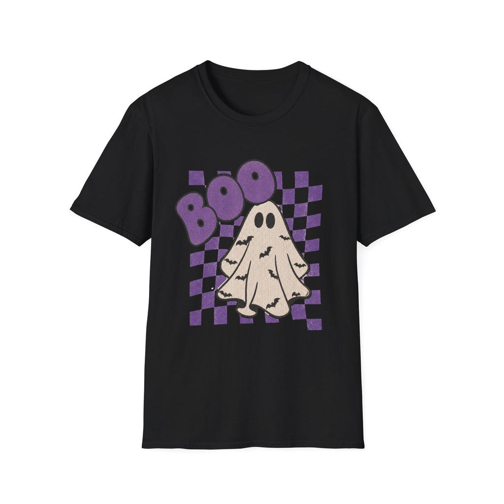 Halloween Ghost 'Boo' T-Shirt — Retro Checkered Purple Graphic Tee