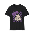 Halloween Ghost 'Boo' T-Shirt — Retro Checkered Purple Graphic Tee
