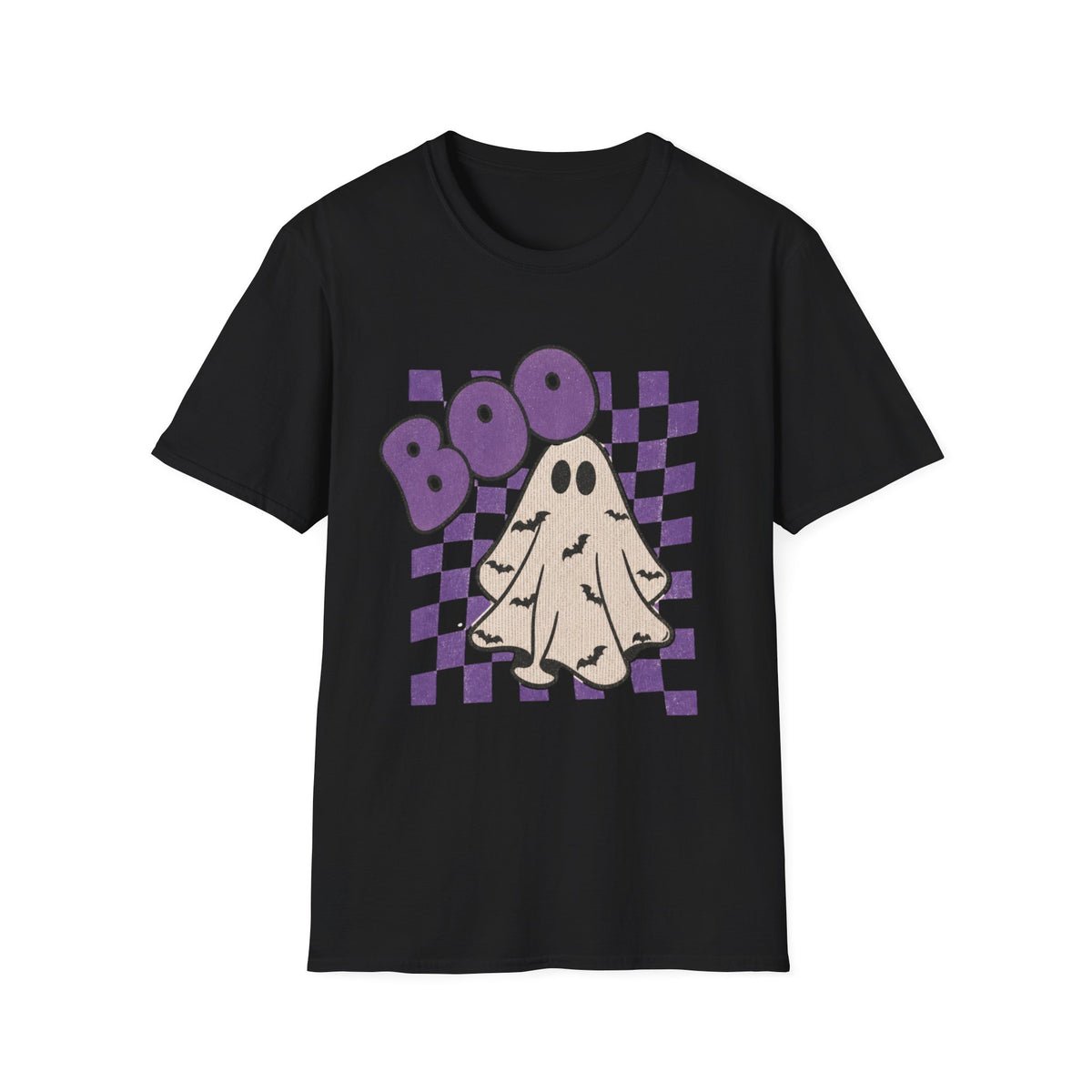Halloween Ghost 'Boo' T-Shirt — Retro Checkered Purple Graphic Tee