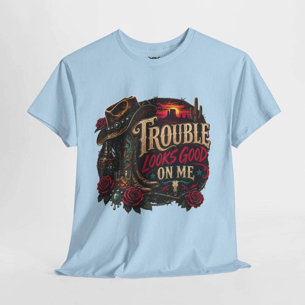 Trouble Looks Good On Me Tee - Western Cowgirl Skull Graphic T-Shirt