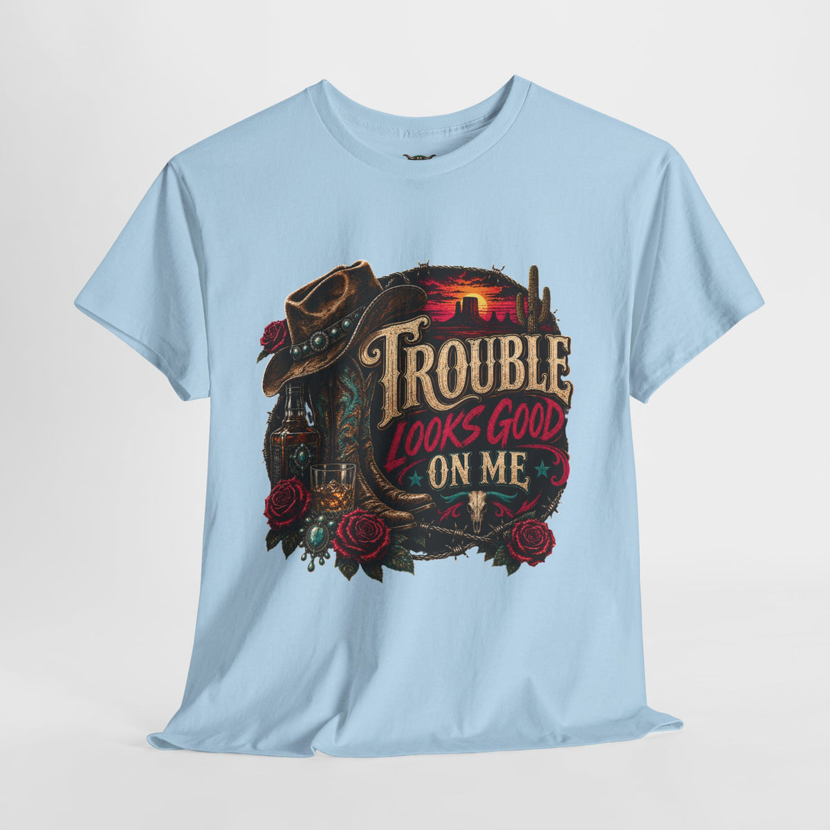 Trouble Looks Good On Me Tee - Western Cowgirl Skull Graphic T-Shirt