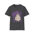 Halloween Ghost 'Boo' T-Shirt — Retro Checkered Purple Graphic Tee