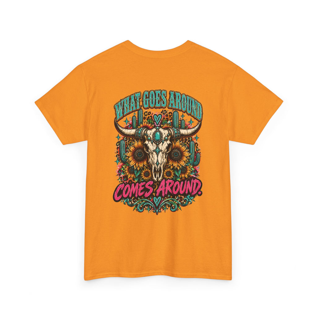 Karma’s a Bitch Skull Tee — 'What Goes Around Comes Around' Western Sunflower Tee