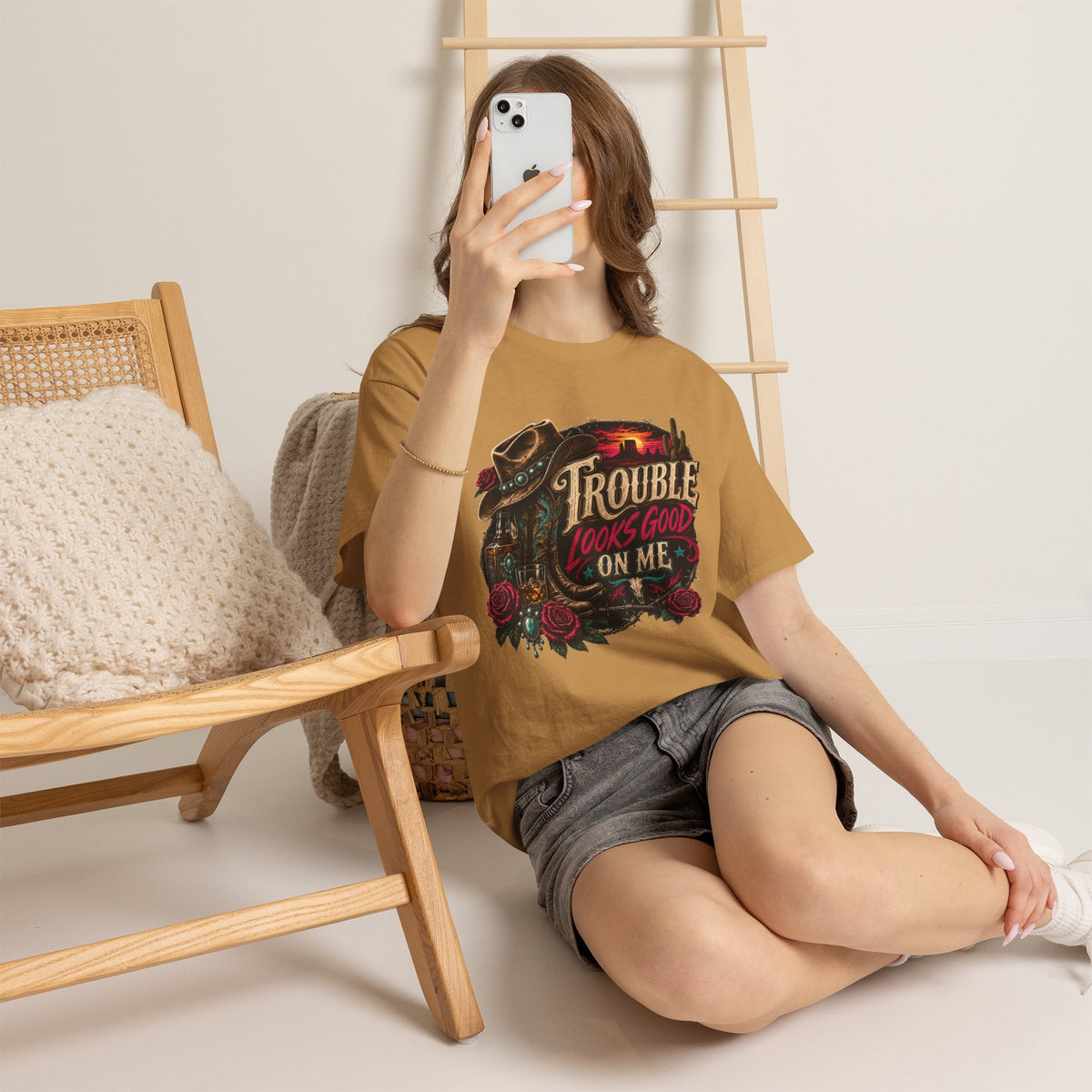 Trouble Looks Good On Me Tee - Western Cowgirl Skull Graphic T-Shirt