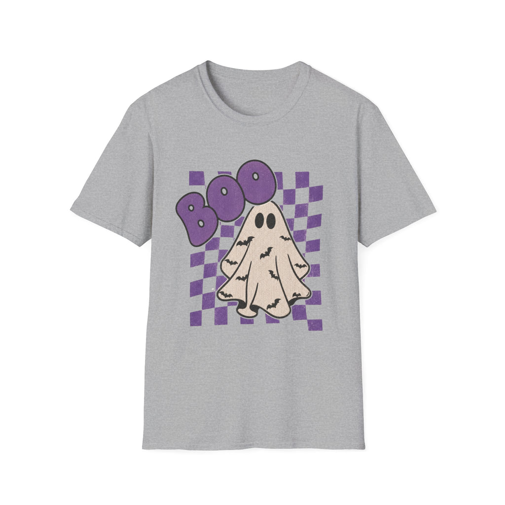 Halloween Ghost 'Boo' T-Shirt — Retro Checkered Purple Graphic Tee