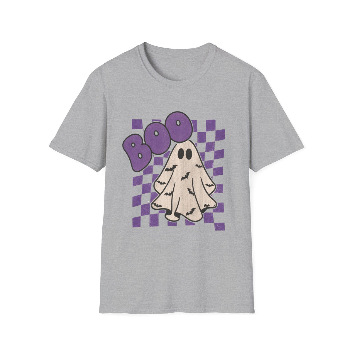 Halloween Ghost 'Boo' T-Shirt — Retro Checkered Purple Graphic Tee