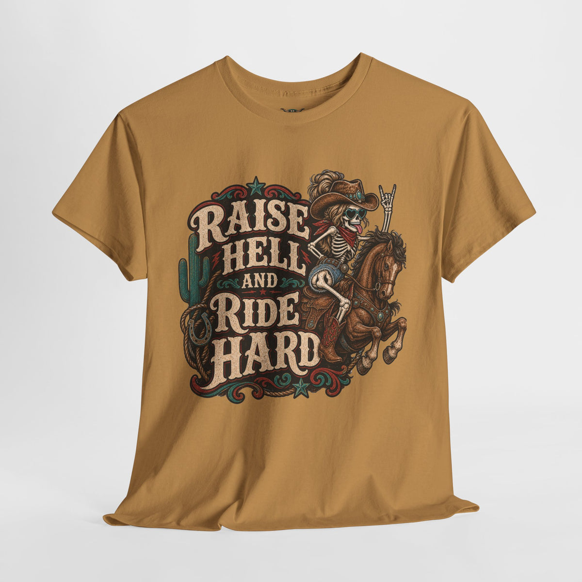 Raise Hell and Ride Hard Cowboy T-Shirt — Western Biker Rodeo Graphic Tee