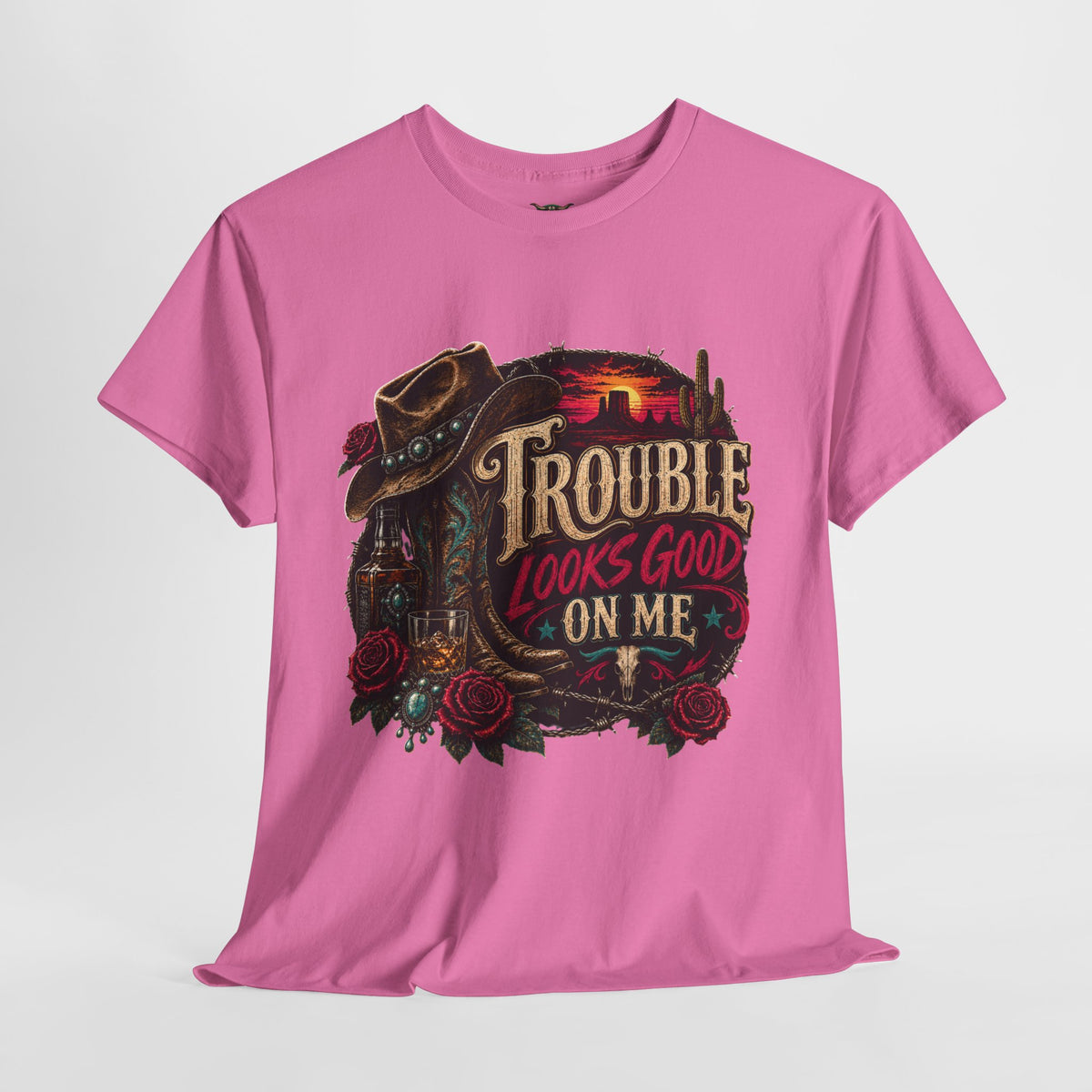 Trouble Looks Good On Me Tee - Western Cowgirl Skull Graphic T-Shirt