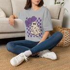 Halloween Ghost 'Boo' T-Shirt — Retro Checkered Purple Graphic Tee